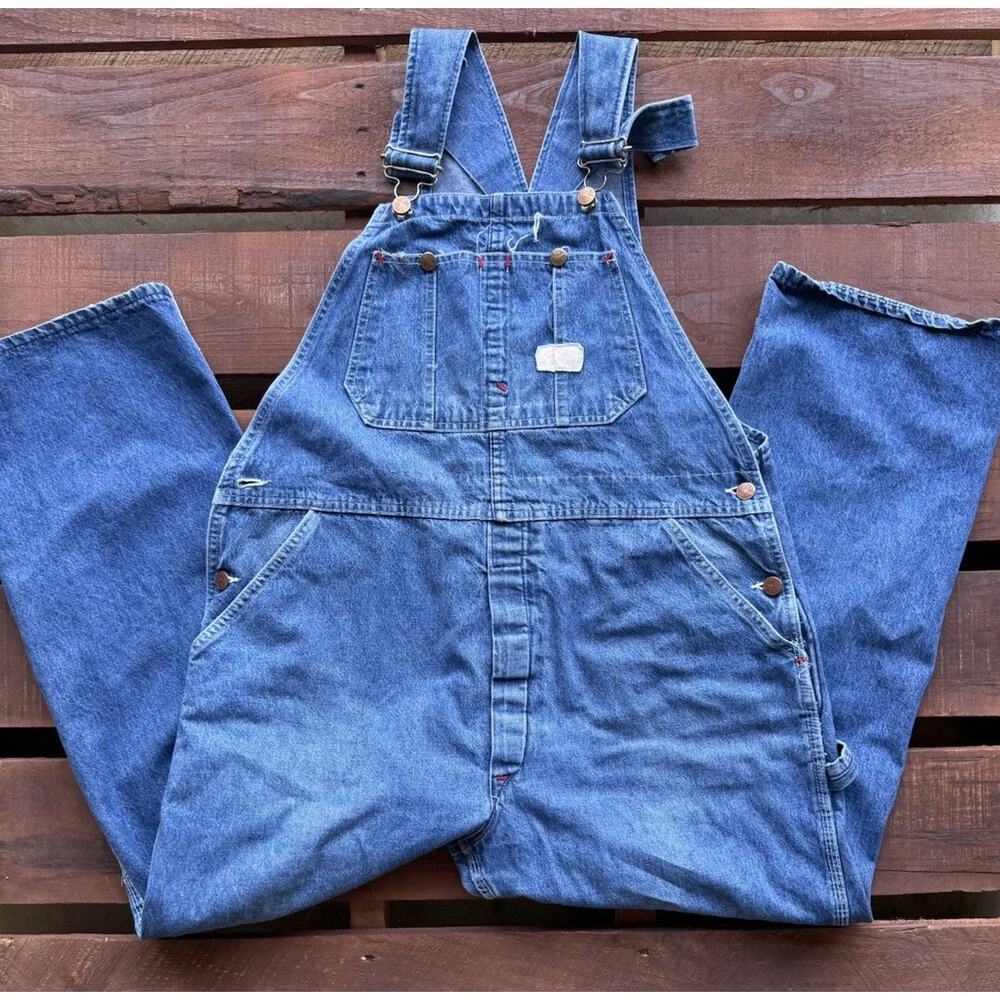 Vintage Round House 38x29 Made in USA Denim Bib Overalls Work Wear Oklahoma